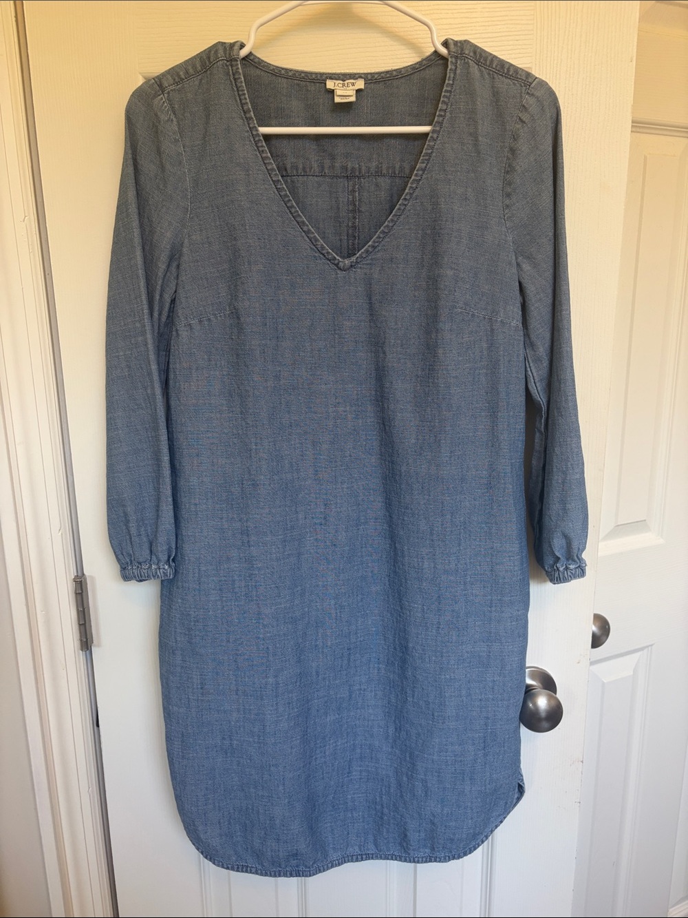 J. Crew Chambray V-Neck Long Sleeve Dress in Light Blue